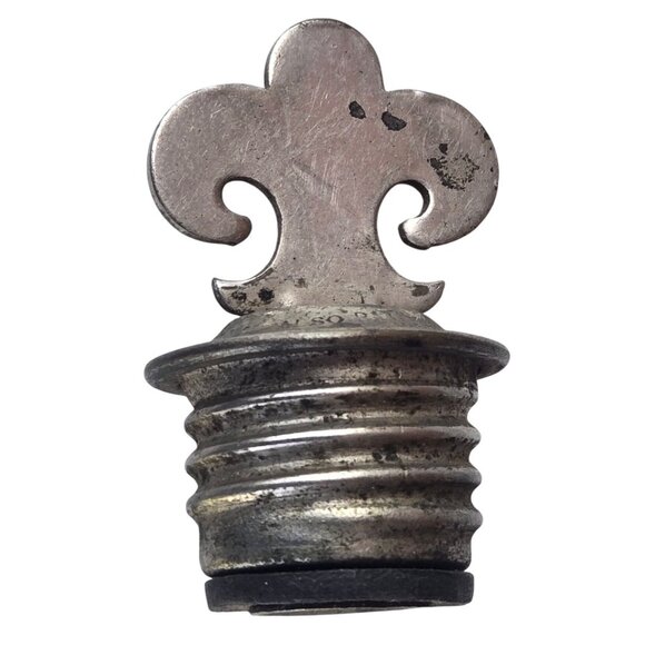 Vintage Fleur De Lis Metal Bottle Stopper Canteen Water Bag Cap Antique Schrader - Picture 9 of 16